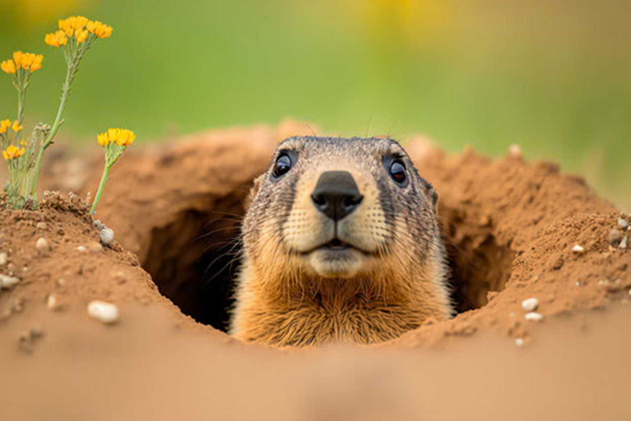 A groundhog peaking out of its hole