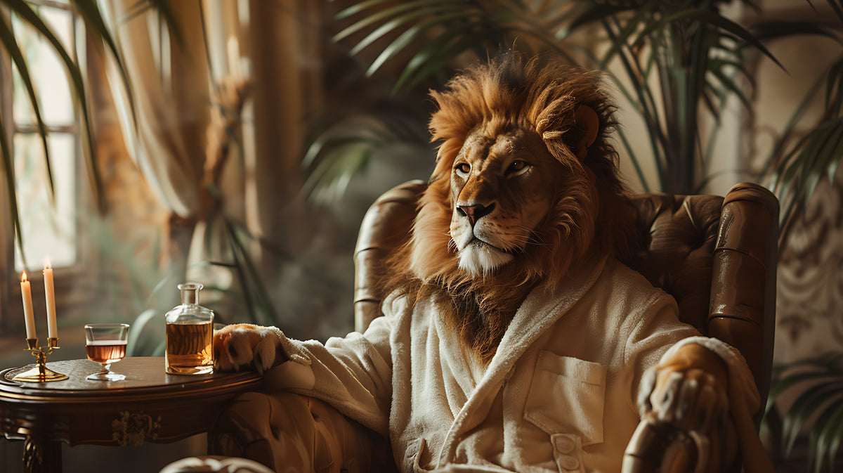 An AI image of a lion wearing a men's luxury bathrobe  sitting in a chair.