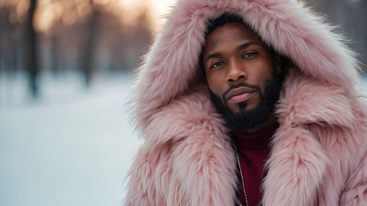 An image of a man wearing a pink faux fur coat with a hood.