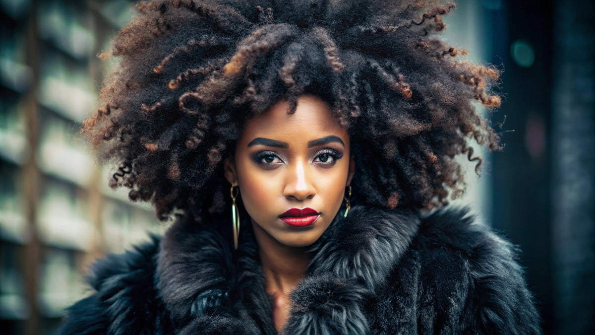 An AI image of a woman with a black faux fur coat.