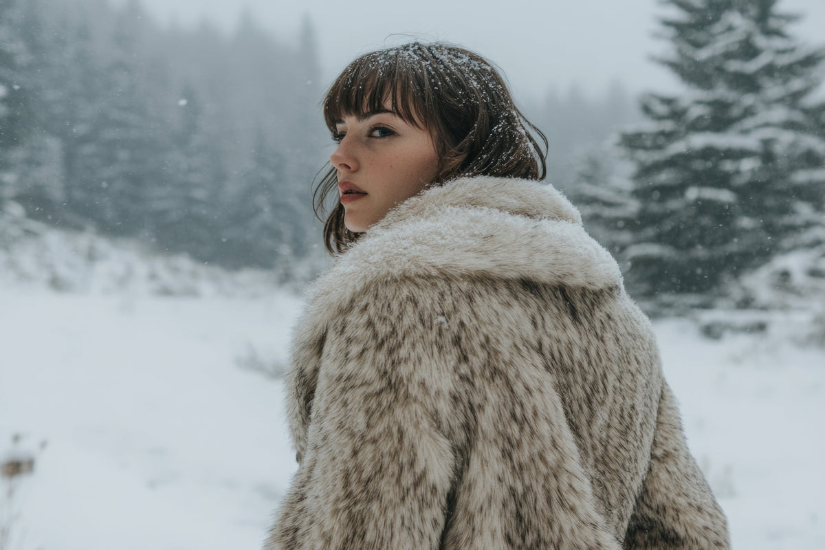 An AI image of a woman wearing a faux fur coat in the snow.