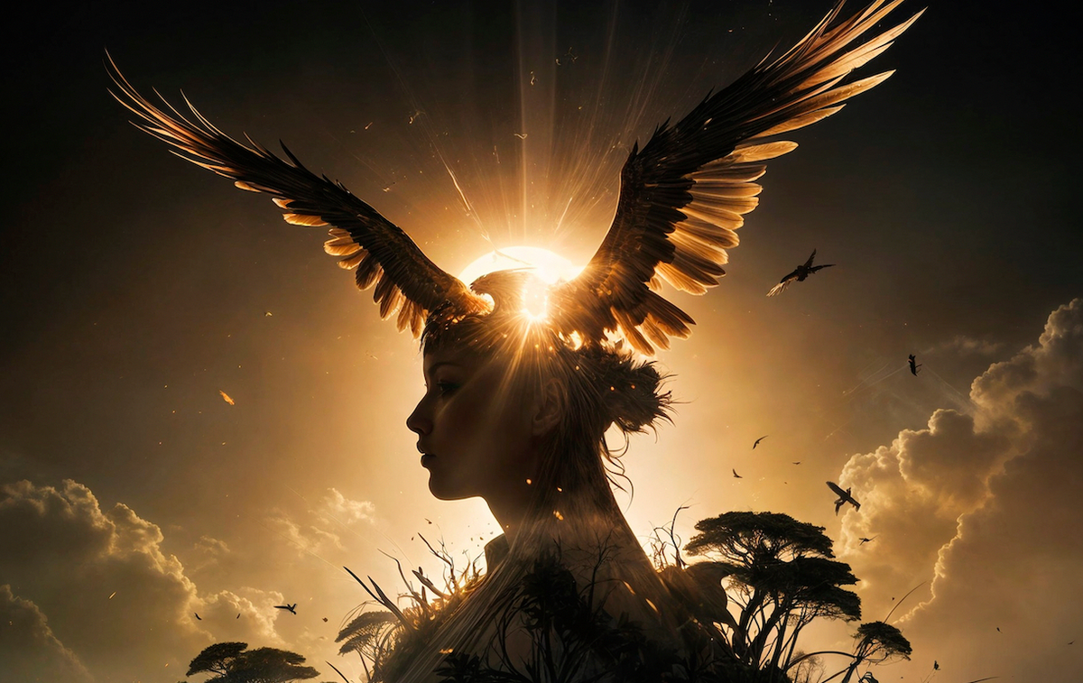 An AI image of a hawk and a woman's head in the sunset..