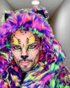 A Man looking into the camera with neon face paint and leopard spots, wearing a colorful, SpiritHoods Neon Disco Cat Fake Fur Jacket with the hood up showing Leopard Ears. Easy Halloween Costume Ideas. Mens Halloween Outfit