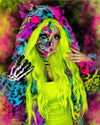 Woman wearing SpiritHoods Neon Graffiti Leopard UV-Blacklight Actived Coat with vibrant neon colored skull makeup and colorful attire against a multicolored background. Halloween Costume Inspiration, Animal-themed costumes for Halloween Parties