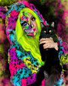 A Woman with Colorful Tripped Neon Skull Makeup and SpiritHoods Neon Graffiti Leopard Fake fur coat holding a black cat against a vibrant, abstract background. Halloween Costume Ideas. Animal Themed Costumes and Outfits for Halloween.