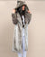 Woman wearing SpiritHoods Silver Leopard Luxe Classic Faux Fur Wrap Calf Length Coat