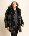 Man wearing a plush fall fake fur coat with a neutral background