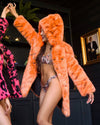 Woman wearing Neon Tiger Limited Edition Classic Faux Fur Coat, side view