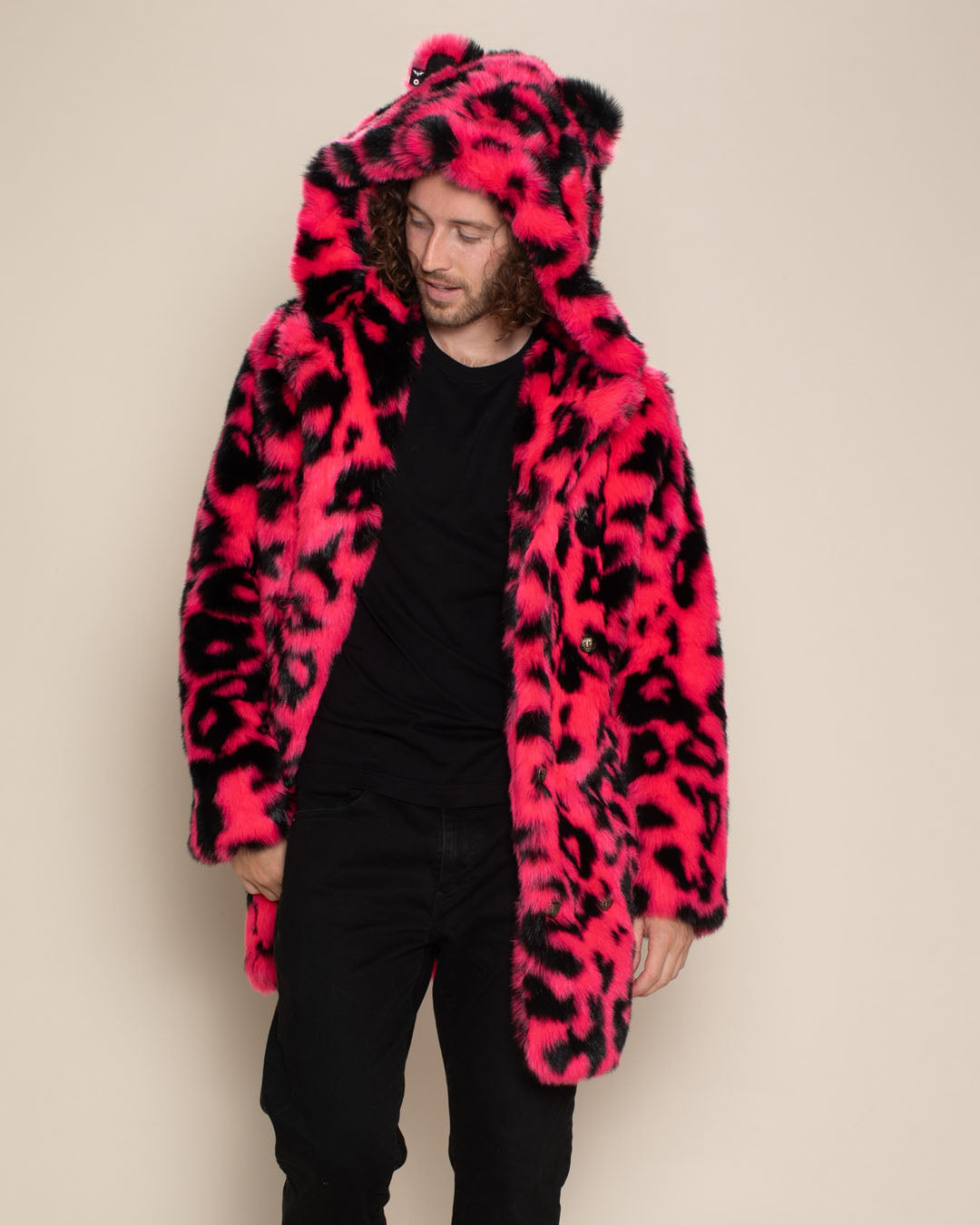Neon Pink Leopard Classic Faux Fur Coat | Men&#39;s