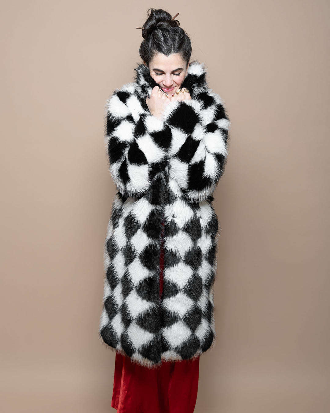SpiritHoods Ace of Diamonds Faux Fur Women's Coat, Black and White Fake Fur Jacket