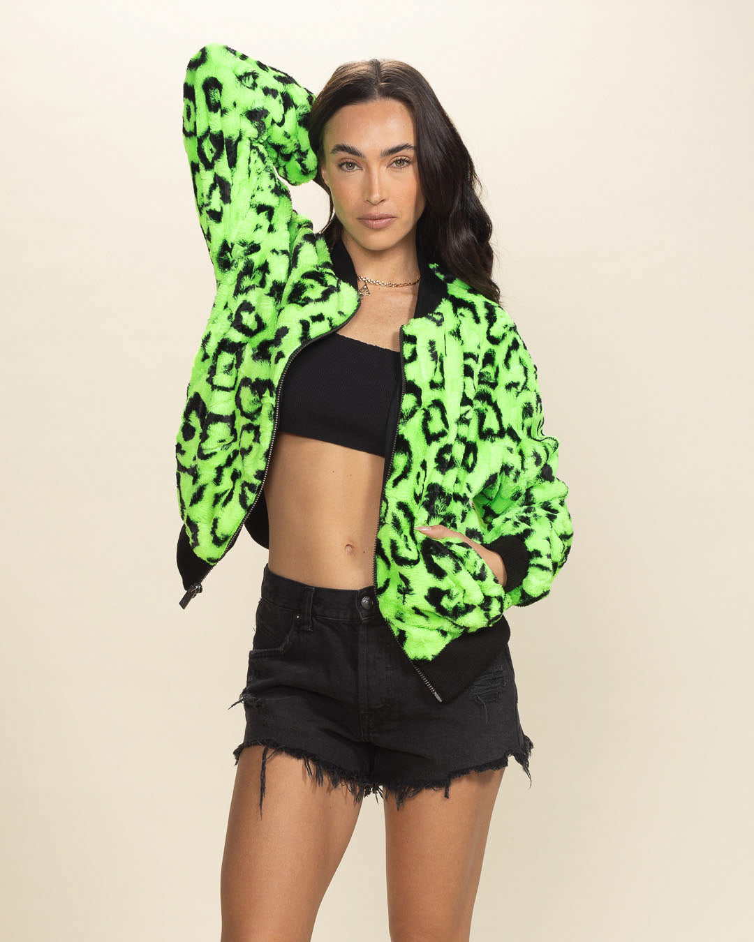 Neon Green Leopard Ultra Soft Faux Fur Bomber Jacket | Women&#39;s