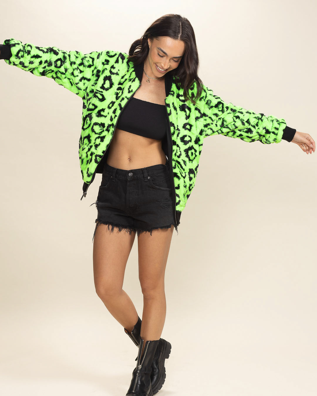 Neon Green Leopard Ultra Soft Faux Fur Bomber Jacket | Women's
