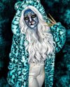 A Woman wearing SpiritHoods Collector Edition Aqua Cat Fake Fur Coat in a beautiful turquoise leopard print with white hair and blue leopard print makeup against a dark background. Halloween Costume Ideas. Halloween Outfits for Women