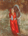 A Man dressed as the WOLF from Little Red Riding Hood, holding a woman in a red cape, while he wears the SpiritHoods Grey Wolf Hooded Coat, with the Hood Up and light wolf make up - Easy Halloween Costume Outfits and Men's Halloween Costumes