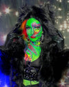 A Women painting in neon green with lisa frank inspired stitched on leopard print hearts and slashes over her eye and chest, wearing SpiritHoods Black Wolf Classic Fake Fur Coat for Women. Easy Fun Animal Inspired Halloween Costumes for Women