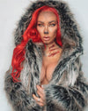 Person woman wearing SpiritHoods Best Selling Hooded Grey Wolf Fake Fur Jacket with red hair and body 'werewolf' inspired make up and body paint on a white background - Easy Halloween Costume Ideas & Halloween Outfits