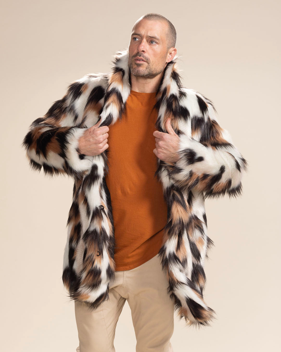 Man wearing Manx Cat Collared Faux Fur Coat