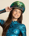 Women's Festival Hat - Captain Hat | Sequin Blue Green Hummingbird