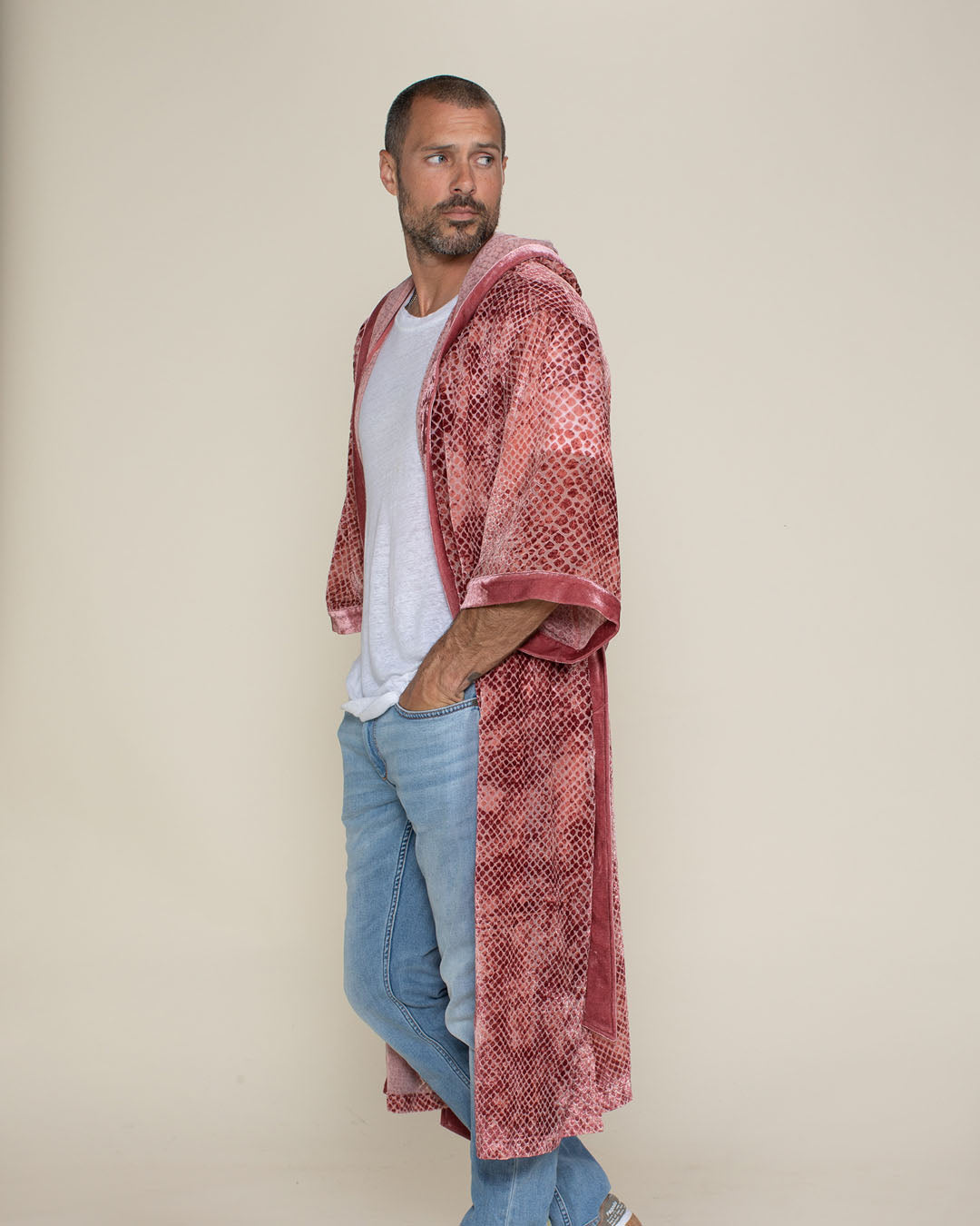 Rose Crocodile Hooded Burnout Velvet Kimono | Men's