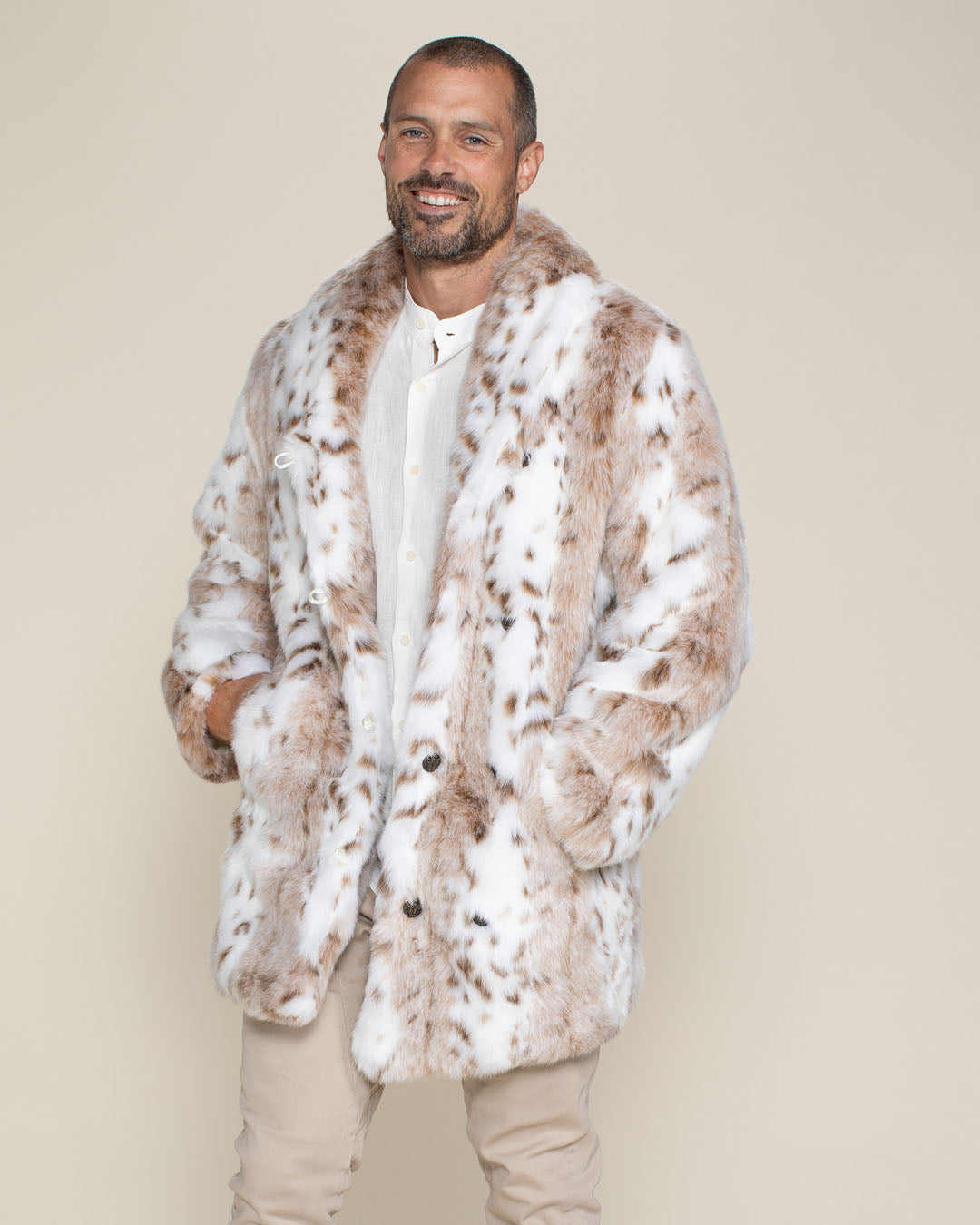 Man wearing Siberian Snow Leopard Collared Faux Fur Coat
