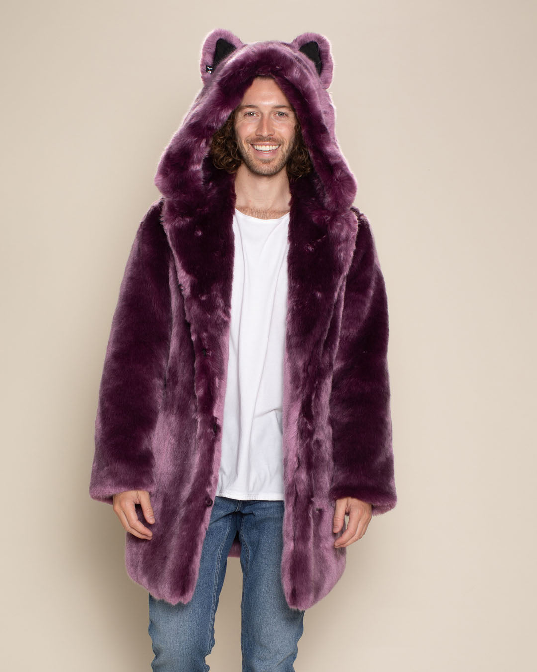 Man wearing Lavender Wolf Luxe Classic Faux Fur Coat, front view 3