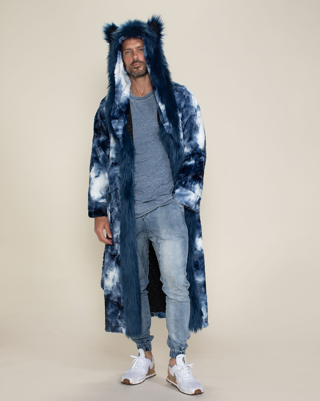 Male Model in Sunglasses Wearing Water Wolf Classic Faux Fur Style Robe with Muted Rainbow Background