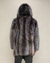 Man wearing Hooded Grey Wolf  Faux Fur Coat with the hood up and arms to his sides with this entire back facing the camera.