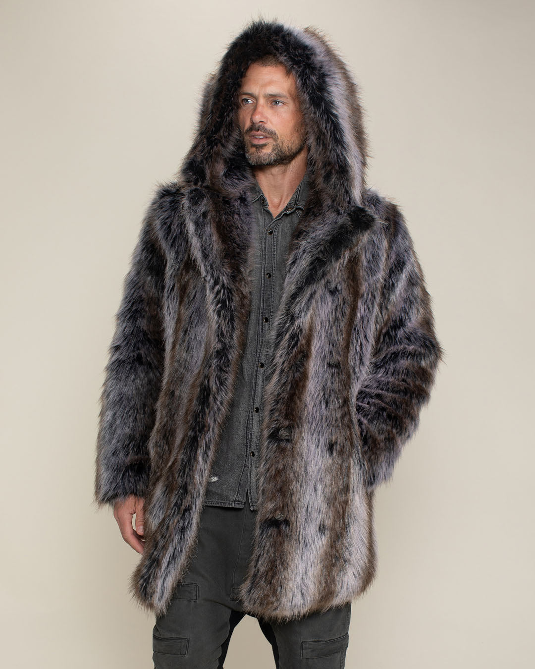 Grey Wolf Hooded Faux Fur Coat | Men's