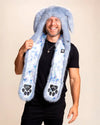 SpiritHoods Collector Edition Rabbit Hood for men in soft blue faux fur with ears and paw pockets. Festival fashion staple and raver accessory with stash pocket.