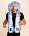 Man wearing SpiritHoods Blue Lucky Bunny Faux Fur Hood with plush fluffy long bunyn ears and arms that turn into a scarf on a beige background