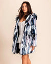 SpiritHoods Luxe Faux Fur Coat in blues, purples, grey and white with oversized hood and custom peacoat buttons. Festival ready style, Fall Coat Collection