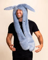 Men's SpiritHoods faux fur rabbit hood in blue with ears, paw scarf, and pockets. Top-rated raver festival hood as seen on Shark Tank, cruelty-free vegan fashion.