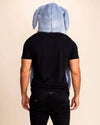 Back view of Men's SpiritHoods Blue Bunny Hood in plush faux fur with floppy bunny ears. The original animal hoodie as seen on Shark Tank, raver fashion accessory.