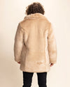A Man facing away from the camera wearing SpiritHoods plush new Cougar Faux Fur Coat featuring a silky smooth beige faux fur and oversized collar.