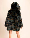 Back side view of SpiritHoods Collector Edition Hooded Womens Camo Cat Fake Fur Jacket with an oversized hood on a beige background