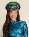 Women's Festival Hat - Captain Hat | Sequin Blue Green Hummingbird