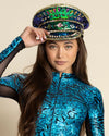 Women's Festival Hat - Captain Hat | Sequin Blue Green Hummingbird