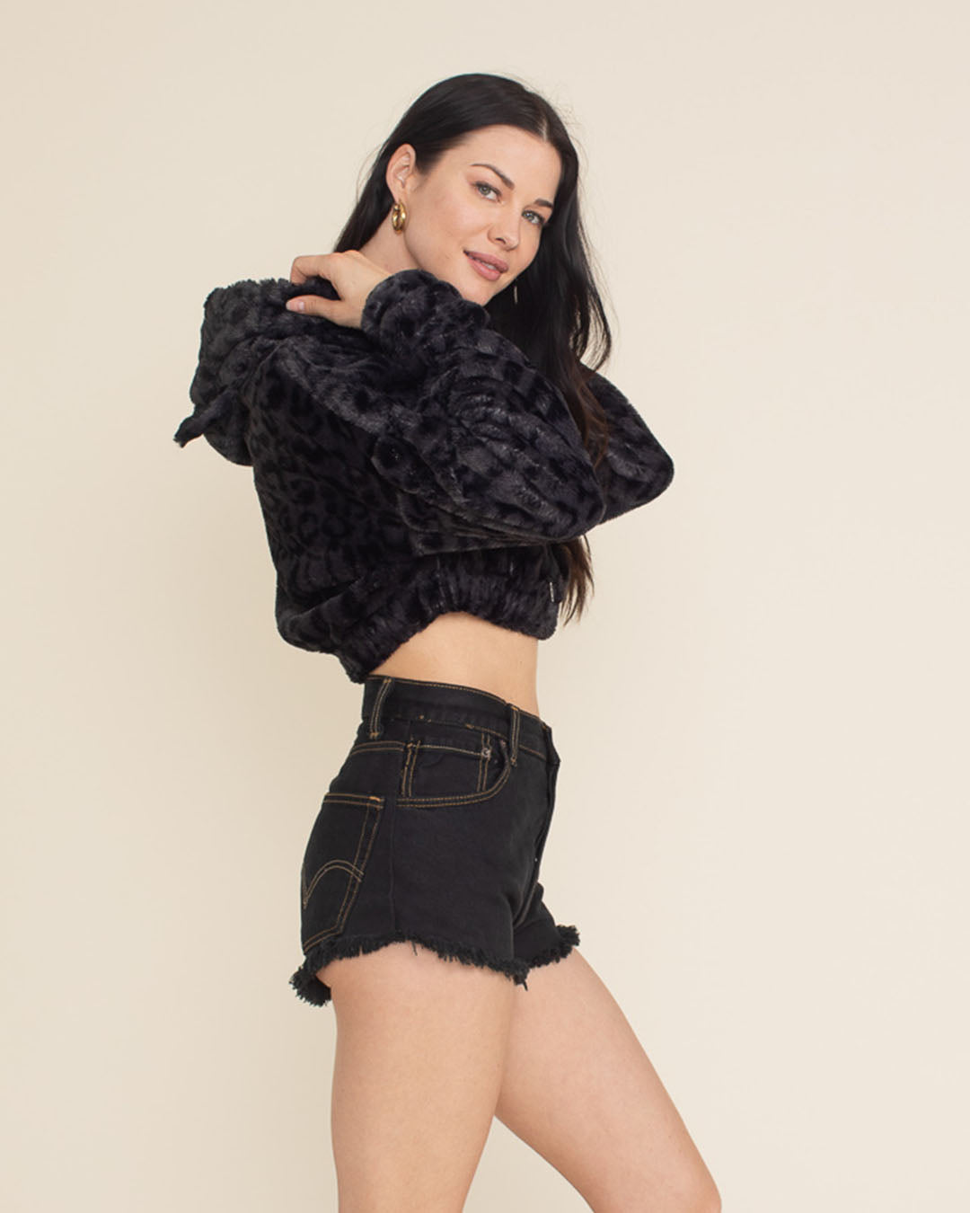 Slate Leopard Classic Ultra Soft Faux Fur Crop Hoodie | Women's