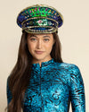 Women's Festival Hat - Captain Hat | Sequin Blue Green Hummingbird