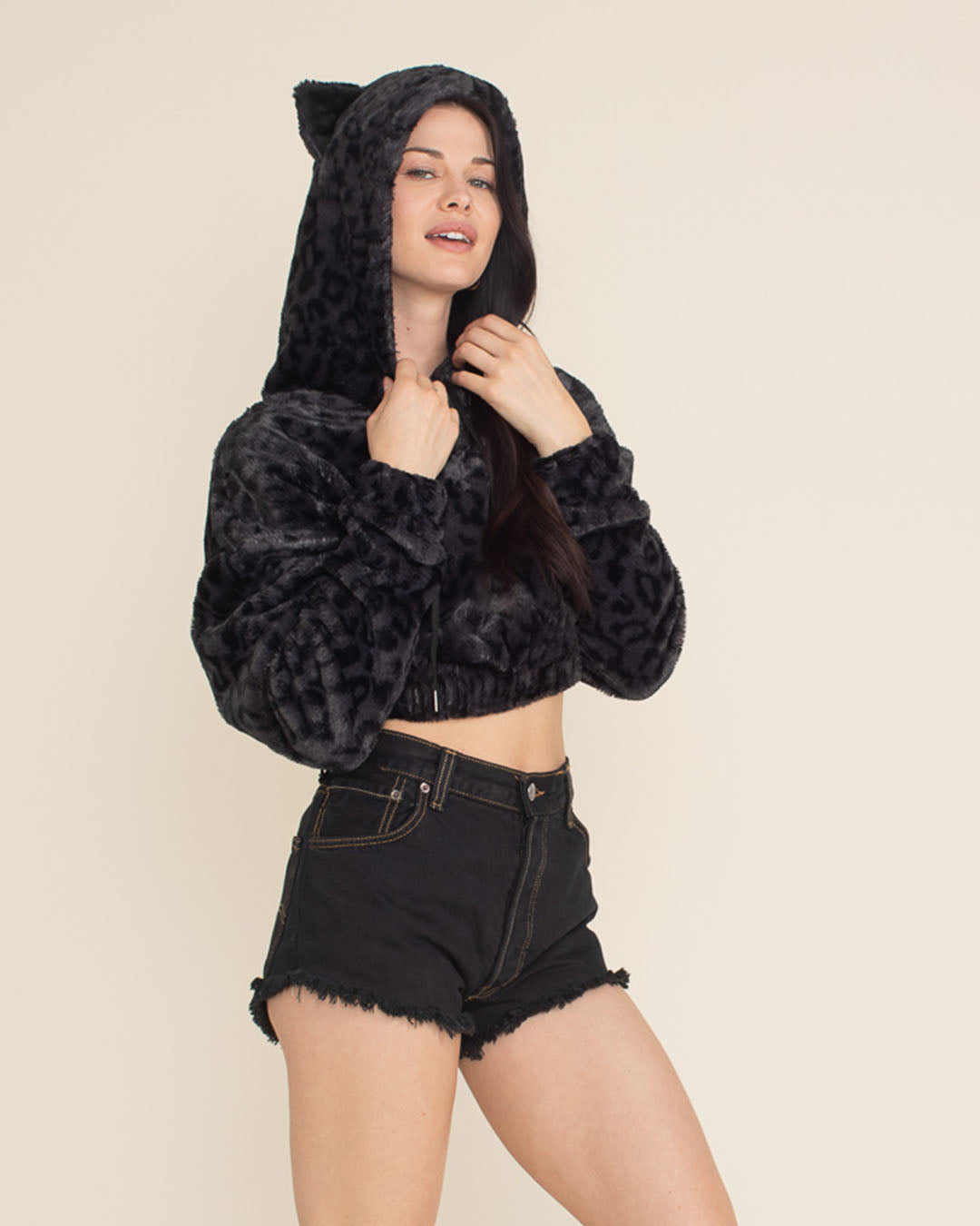 Slate Leopard Classic Ultra Soft Faux Fur Crop Hoodie | Women's