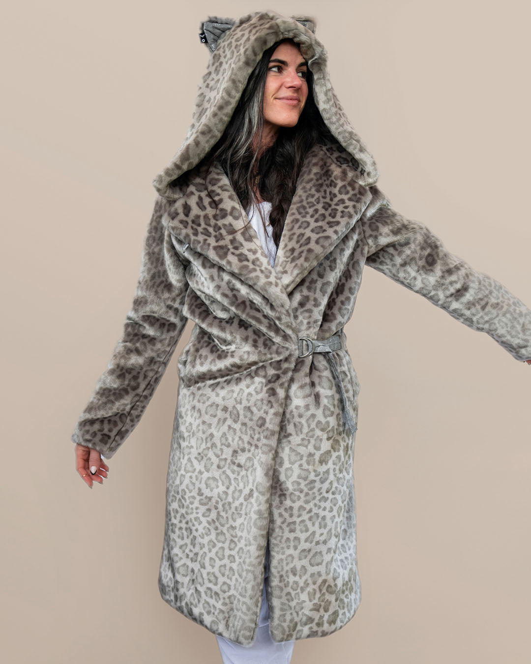Woman wearing SpiritHoods Silver Leopard Luxe Classic Faux Fur Wrap Calf Length Coat