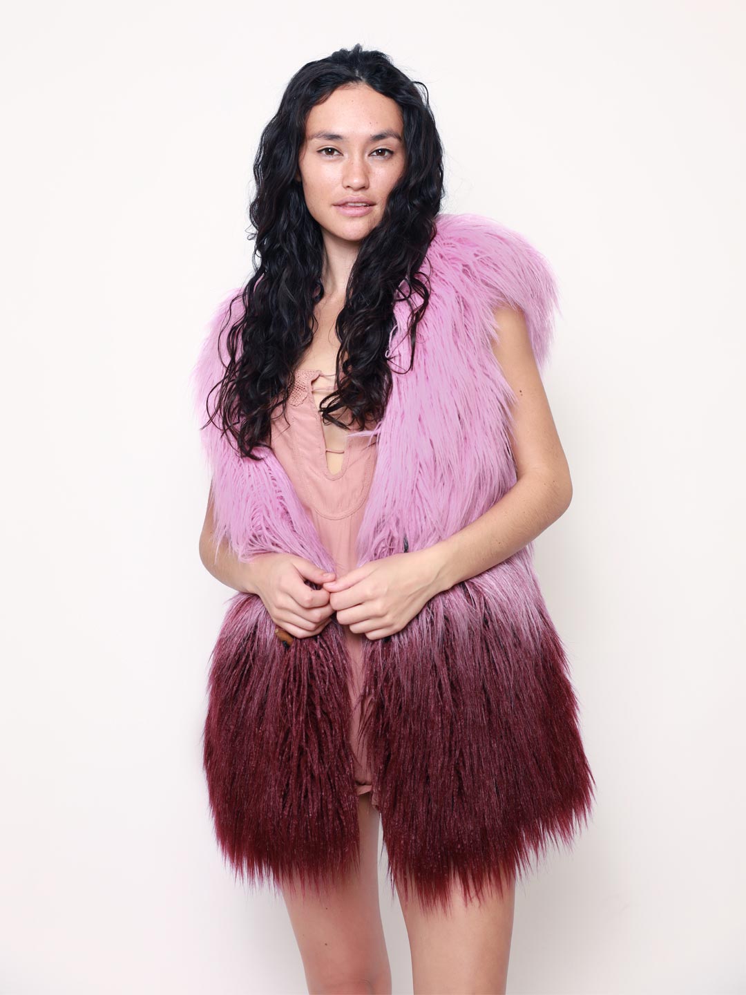 Pink Ombre Alpaca Faux Fur Vest with Hood on Model