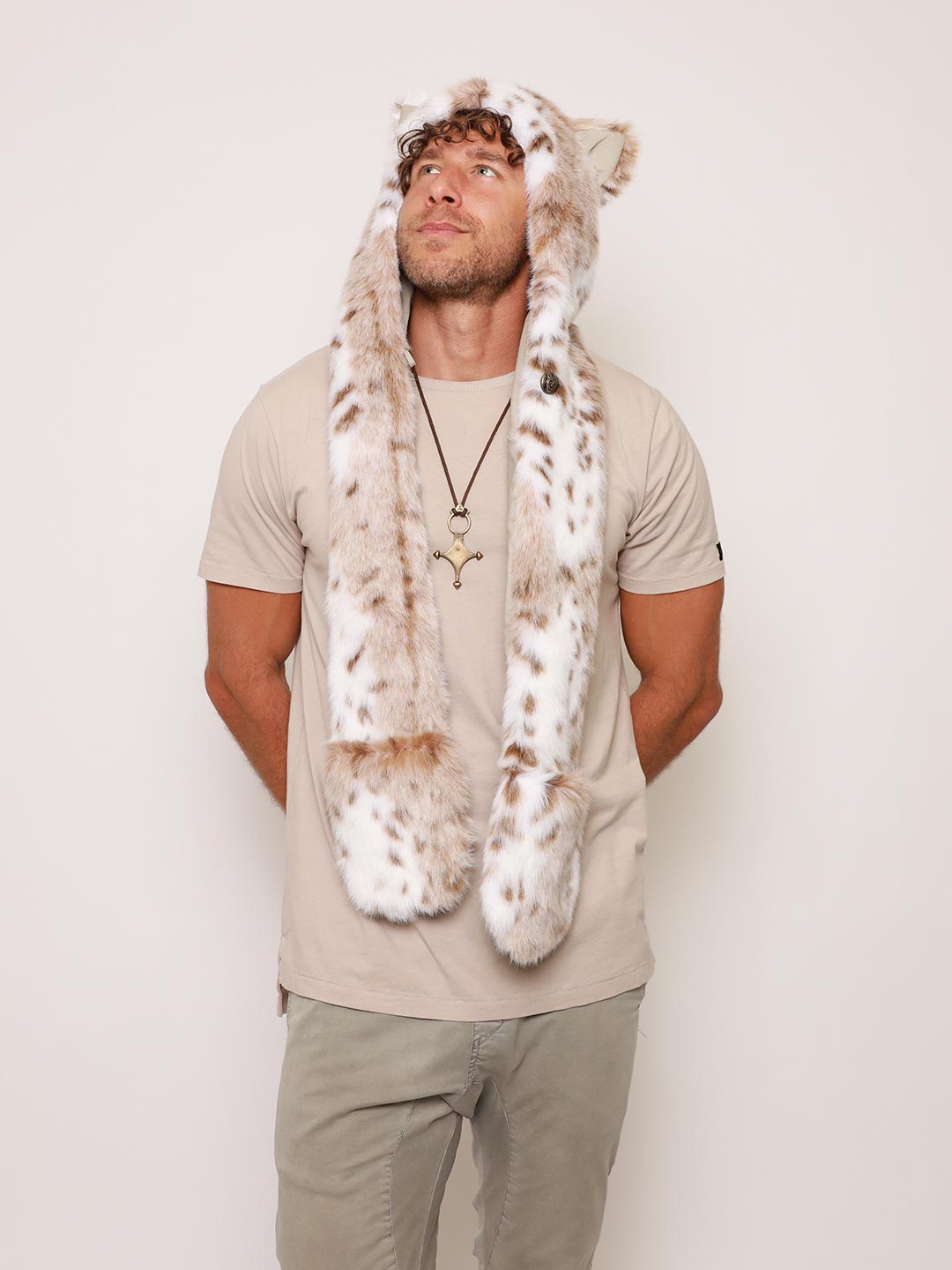 Male Wearing Siberian Snow Leopard Faux Fur Hood 