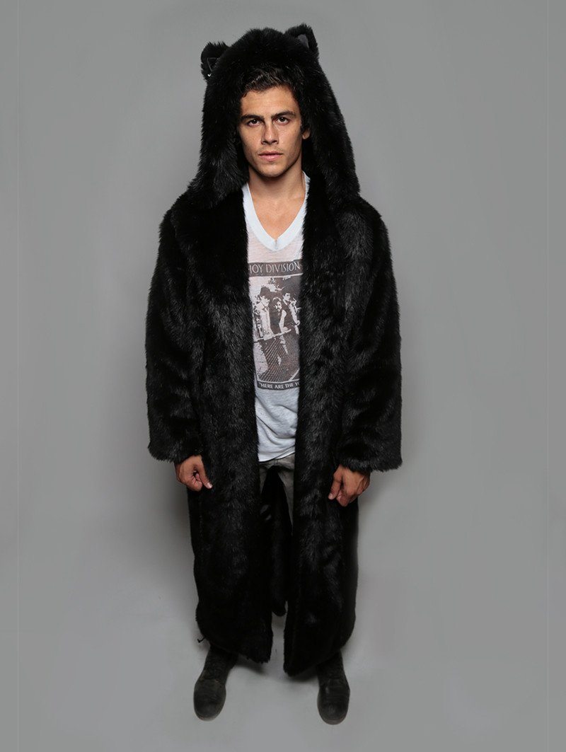 Man wearing Classic Black Wolf Faux Fur Long Coat, front view 1