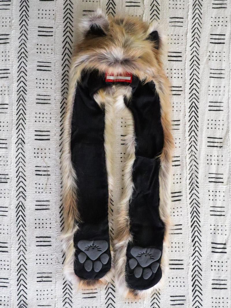 Black Liner and Paw Logos on the Red Fox Faux Fur SpiritHood for Kids