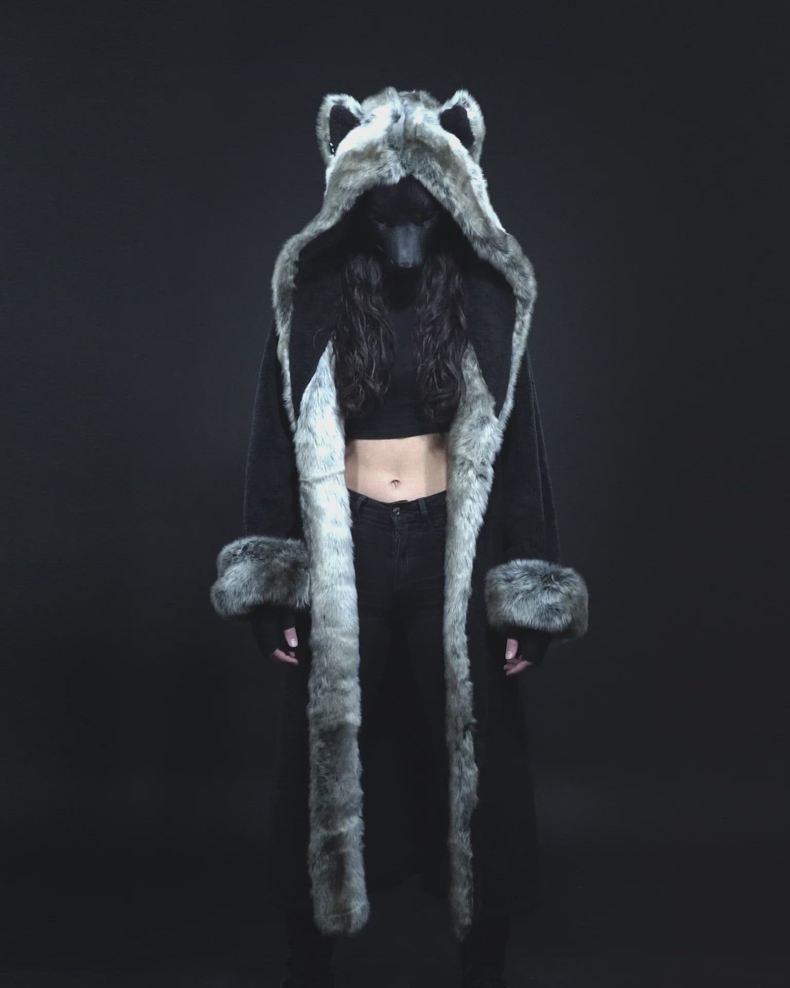 Woman wearing Grey Wolf Classic Faux Fur Robe. full view