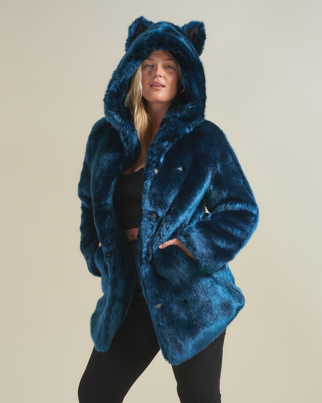 Woman wearing Royal Wolf Luxe Classic Faux Fur Coat, front view 1