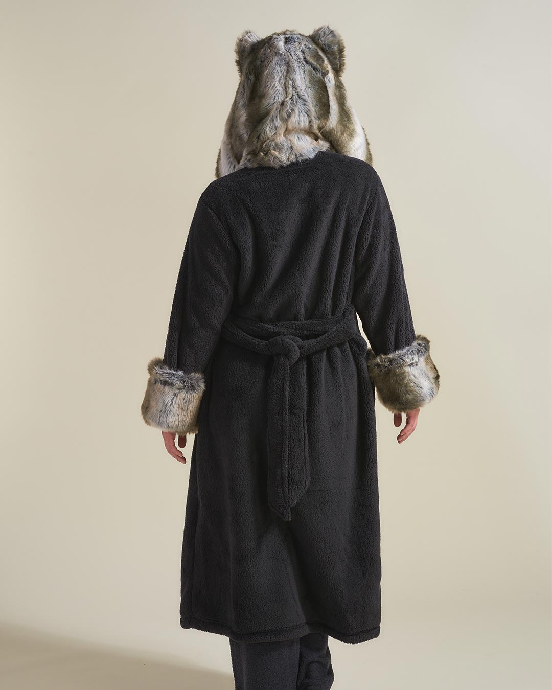 Woman wearing Grey Wolf Classic Faux Fur Robe. back view