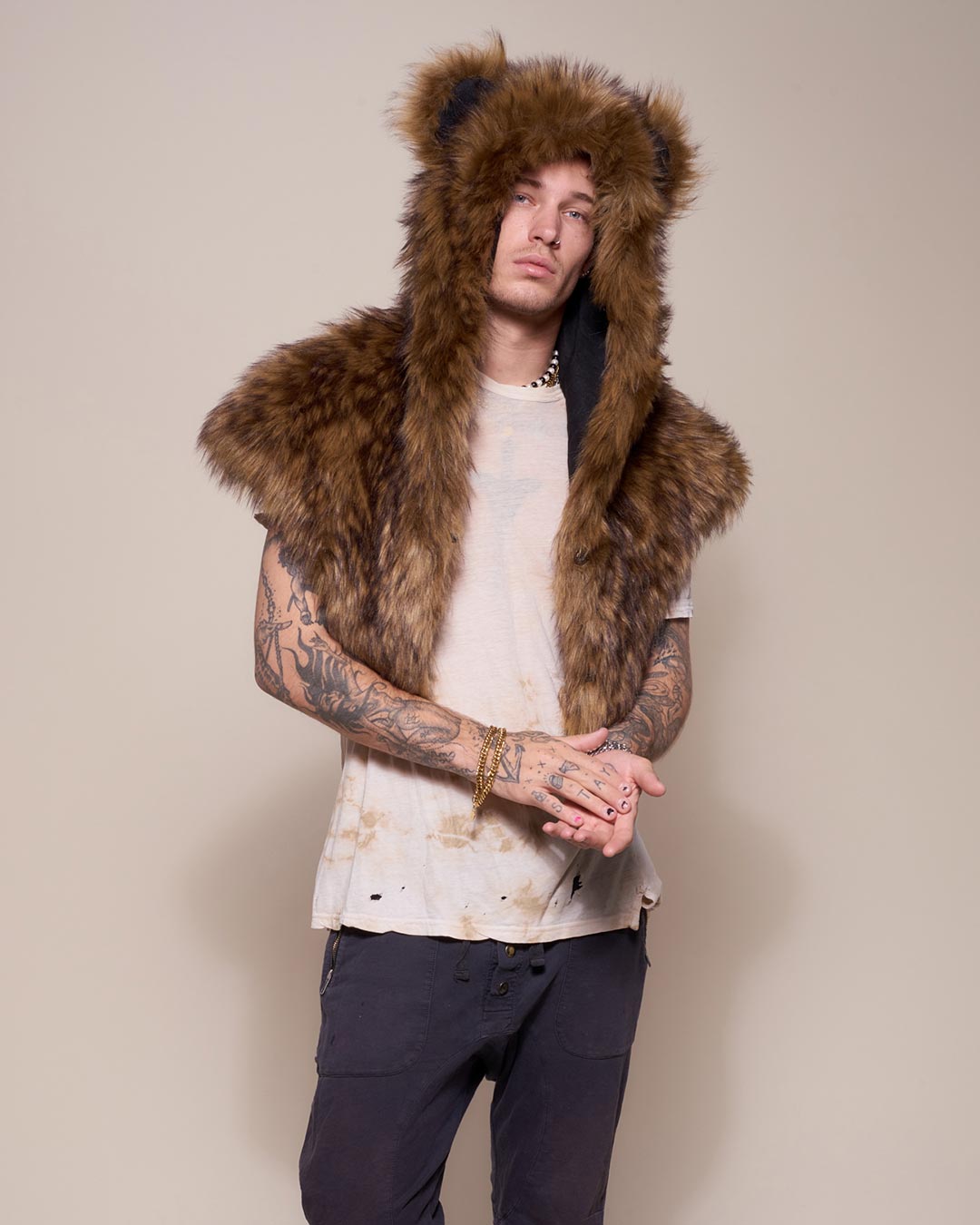 Man wearing Grizzly Bear Collector Edition Faux Fur Shawl, front view 4