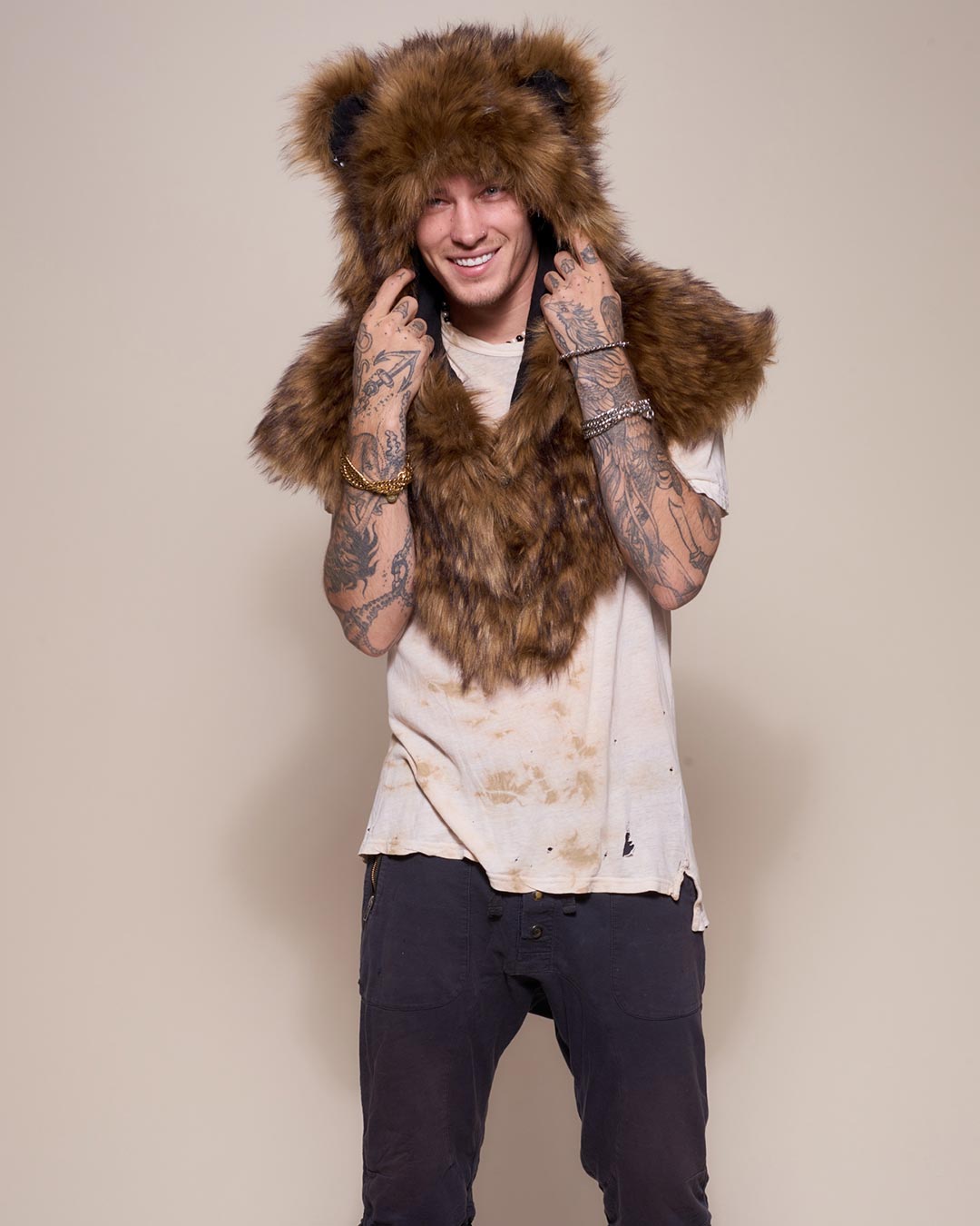 Man wearing Grizzly Bear Collector Edition Faux Fur Shawl, front view 5